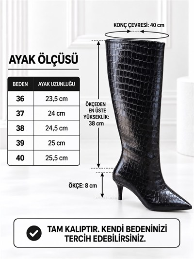 ASTER Kadın Siyah Kroko Cilt Sivri Burun İçi Kürklü 8 Cm İnce Topuklu Uzun Çizme