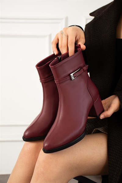ASTRAYA Kadın Bordo Tokalı Topuklu Kısa Konç Şık Kışlık Bot Bootie