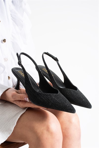 AURELIA Kadın Siyah Sivri Burun Slingback 6 cm İnce Topuk Parlak Simli Abiye Ayakkabı