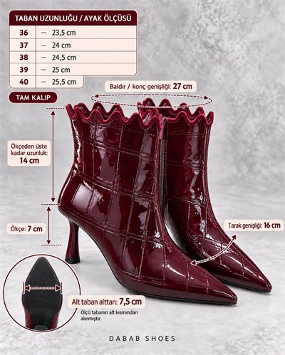 CARMEN Kadın Bordo Kroko Rugan Sivri Burun Fermuarlı Sıcak Astarlı 7 Cm İnce Topuklu Bot Bootie