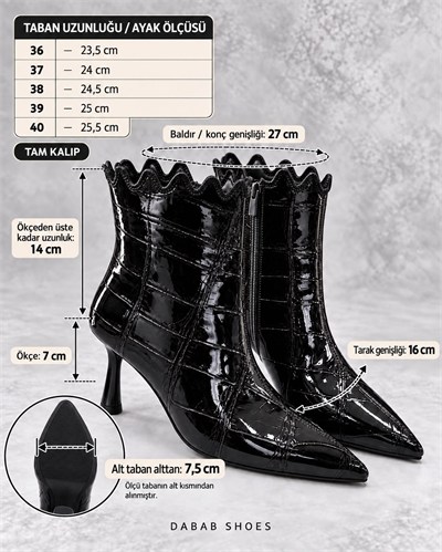 CARMEN Kadın Siyah Kroko Rugan Sivri Burun Fermuarlı Sıcak Astarlı 7 Cm İnce Topuklu Bot Bootie