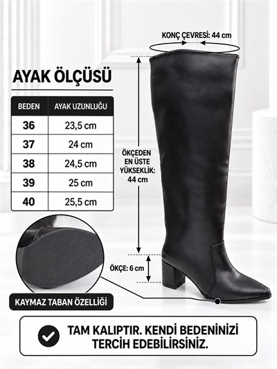 DAHLIA Kadın Siyah Cilt Sivri Burun 6 Cm Kalın Topuklu Diz Altı Uzun Çizme
