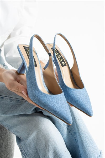 DENIMORA Kadın Açık Kot Dokulu Slingback Ayakkabı Sivri Burun 7 cm Topuklu İnce Topuklu Ayakkabı