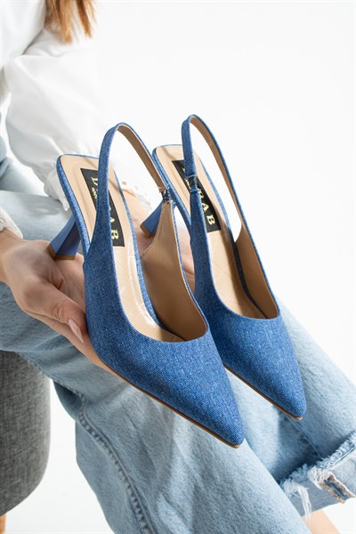 DENIMORA Kadın Koyu Kot Dokulu Slingback Ayakkabı Sivri Burun 7 cm Topuklu İnce Topuklu Ayakkabı