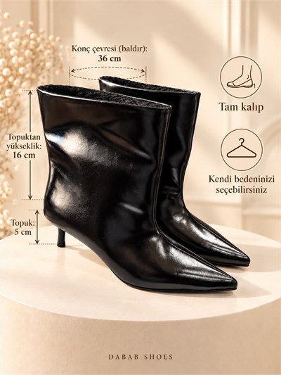 DERIN Kadın Siyah İçi Kürklü Sivri Burun Ön Dikiş Detaylı 5 Cm İnce Topuklu Orta Konç Bot Bootie