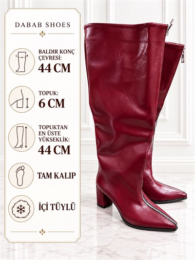 ERICA Kadın Bordo Kırışık Rugan Cilt Sivri Burun Önden Fermuarlı Geniş Baldır 6 Cm Kalın Topuklu Uzun Çizme