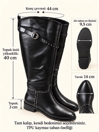 FRIO Kadın Siyah Cilt Troklu Metal Tokalı Sıcak Astarlı Kaymaz Taban 3 Cm Topuklu Uzun Konç Çizme