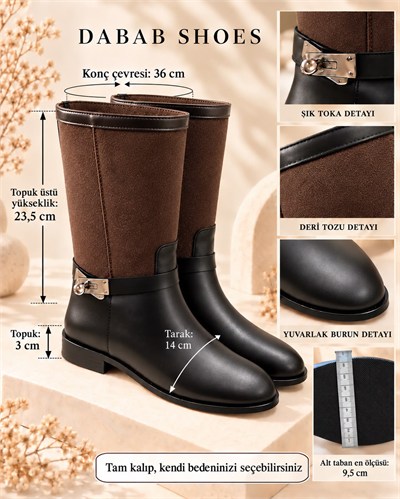 FROST Kadın Acı Kahve Cilt ve Deri Tozu Garnili Metal Toka Detaylı Sıcak Astarlı Kaymaz Taban 3 Cm Topuklu Orta Konç Çizme
