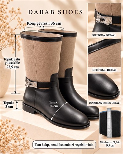 FROST Kadın Bej Cilt ve Deri Tozu Garnili Metal Toka Detaylı Sıcak Astarlı Kaymaz Taban 3 Cm Topuklu Orta Konç Çizme