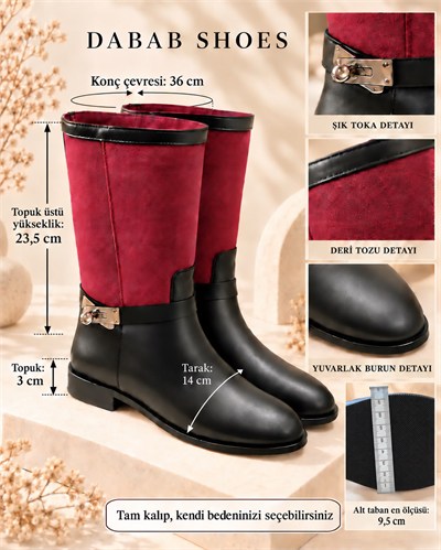 FROST Kadın Bordo Cilt ve Deri Tozu Garnili Metal Toka Detaylı Sıcak Astarlı Kaymaz Taban 3 Cm Topuklu Orta Konç Çizme