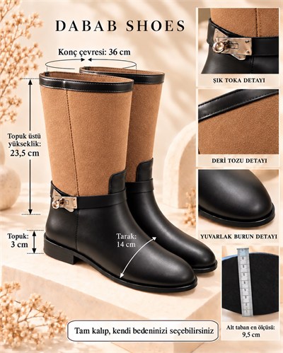 FROST Kadın Taba Cilt ve Deri Tozu Garnili Metal Toka Detaylı Sıcak Astarlı Kaymaz Taban 3 Cm Topuklu Orta Konç Çizme