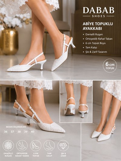 JULIE Kadın Beyaz Dantel Dokulu Sivri Burun 5 cm Topuklu Slingback Ayakkabı