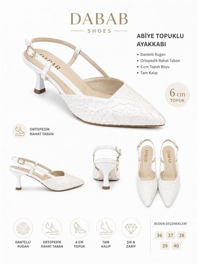 JULIE Kadın Beyaz Dantel Dokulu Sivri Burun 5 cm Topuklu Slingback Ayakkabı