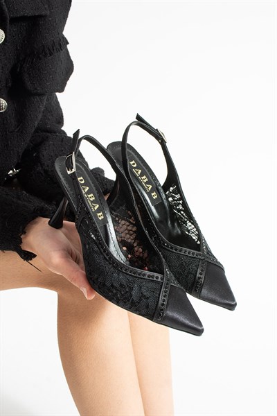 LACEORA Kadın Siyah Sivri Burun 10 cm Topuklu Dantel Dokulu İnci Detaylı Slingback Abiye Ayakkabı