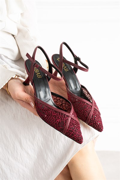 LACEVA Kadın Bordo Dantel Detaylı Sivri Burun 6 cm Topuklu Slingback Ayakkabı