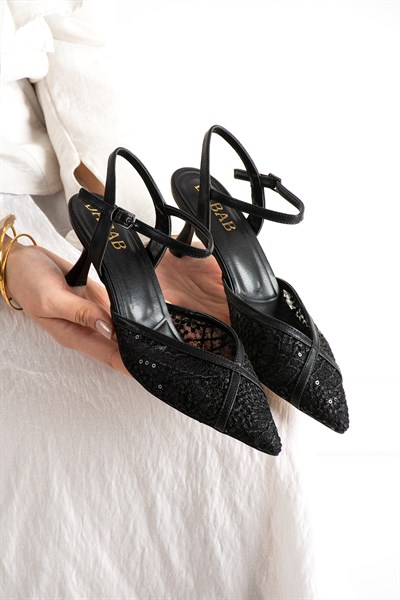 LACEVA Kadın Siyah Dantel Detaylı Sivri Burun 6 cm Topuklu Slingback Ayakkabı