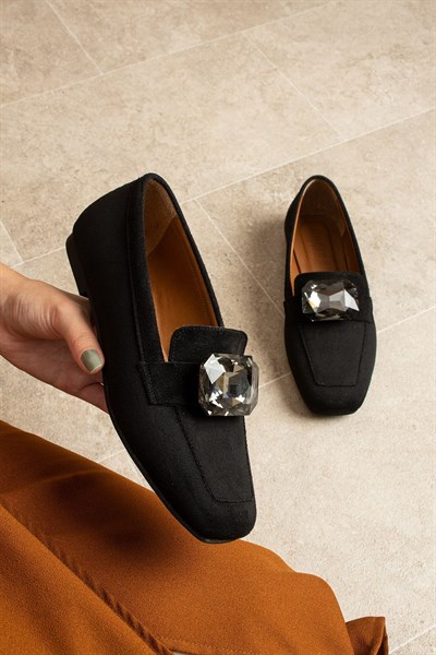 LIRA Siyah Taş Detaylı Süet Kadın Loafer