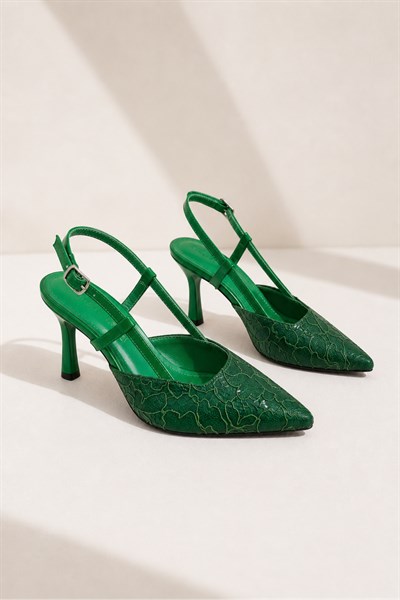 LISA Kadın Yeşil Sivri Burun 7 cm Topuklu Çiçek Dantel Desenli Rugan Slingback Ayakkabı