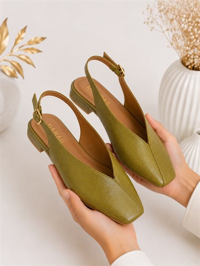 LIVORA Kadın Yağ Yeşili Kare Burun Tokalı Düz Taban Slingback Casual Babet Ayakkabı