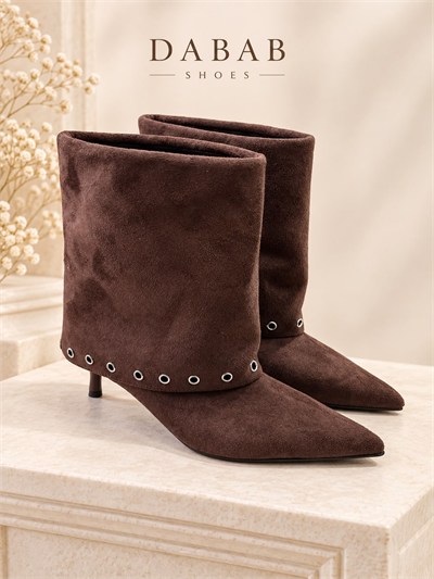 LUCIA  Kadın Acı Kahve Süet Görünümlü Metal Halka Detaylı Sivri Burun 5 Cm İnce Topuklu Kısa Bot  Bootie