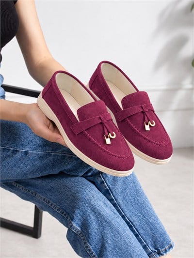 LUPY Kadın Bordo Süet Loafer Ayakkabı Gold Aksesuarlı Ortopedik Rahat Taban Casual Babet
