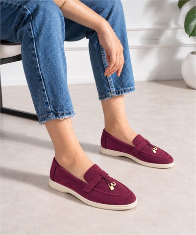 LUPY Kadın Bordo Süet Loafer Ayakkabı Gold Aksesuarlı Ortopedik Rahat Taban Casual Babet