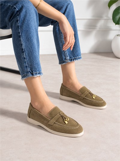 LUPY Kadın Haki Süet Loafer Ayakkabı Gold Aksesuarlı Ortopedik Rahat Taban Casual Babet