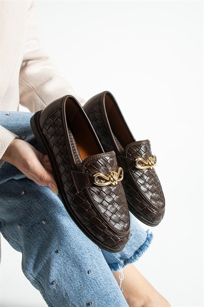 MABY Kadın Acı Kahve Örgü Dokulu Zincir Detaylı Loafer Düz Ayakkabı Babet