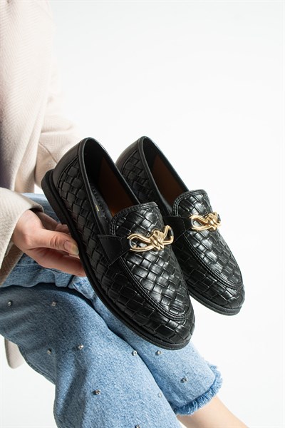 MABY Kadın Siyah Örgü Dokulu Zincir Detaylı Loafer Düz Ayakkabı Babet