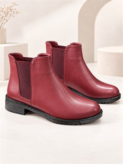 MARAL Kadın Bordo Cilt Yuvarlak Burun Lastik Detaylı 3 Cm Topuklu Kaymaz Taban Chelsea Bot Bootie