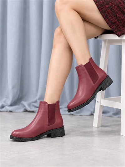MARAL Kadın Bordo Cilt Yuvarlak Burun Lastik Detaylı 3 Cm Topuklu Kaymaz Taban Chelsea Bot Bootie