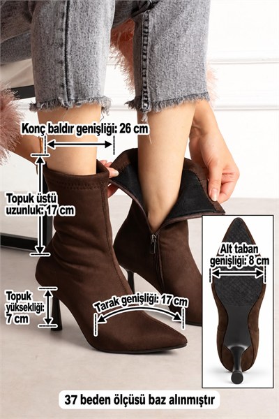 MARYA Kadın Acı Kahve Streç Lüks Süet Sivri Burun Sıcak Astarlı Fermuarlı 7 Cm İnce Topuklu Bot Bootie