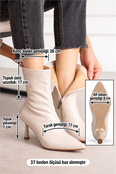 MARYA Kadın Bej Streç Cilt Sivri Burun Sıcak Astarlı Fermuarlı 7 Cm İnce Topuklu Bot Bootie