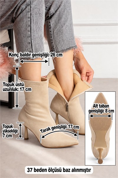 MARYA Kadın Bej Streç Lüks Süet Sivri Burun Sıcak Astarlı Fermuarlı 7 Cm İnce Topuklu Bot Bootie