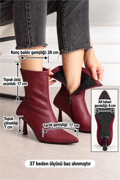 MARYA Kadın Bordo Streç Cilt Sivri Burun Sıcak Astarlı Fermuarlı 7 Cm İnce Topuklu Bot Bootie