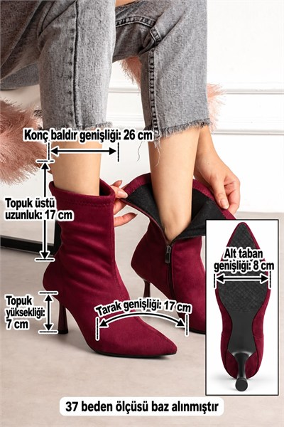 MARYA Kadın Bordo Streç Lüks Süet Sivri Burun Sıcak Astarlı Fermuarlı 7 Cm İnce Topuklu Bot Bootie