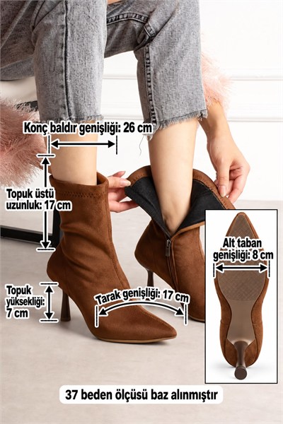 MARYA Kadın Kahve Streç Lüks Süet Sivri Burun Sıcak Astarlı Fermuarlı 7 Cm İnce Topuklu Bot Bootie