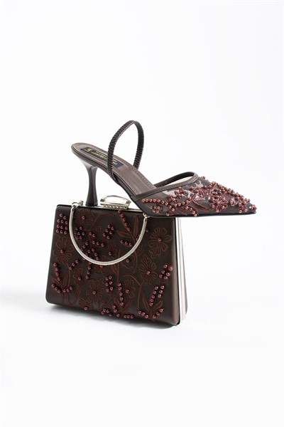 MEGGIE Kahve Ayakkabı Çanta Kombin Sivri Burun 7cm Topuklu İncili Slingback Ayakkabı ve Çanta Seti