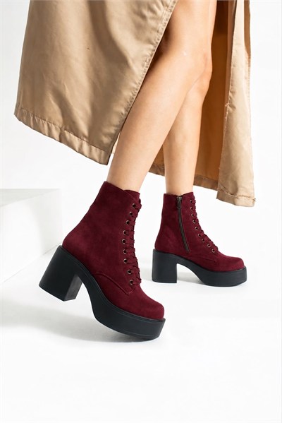 MELVIAN Kadın Bordo Lüks Süet Bağcıklı Fermuarlı İçi Kürklü 8 Cm Kalın Topuklu 3 Cm Platform Bot Bootie