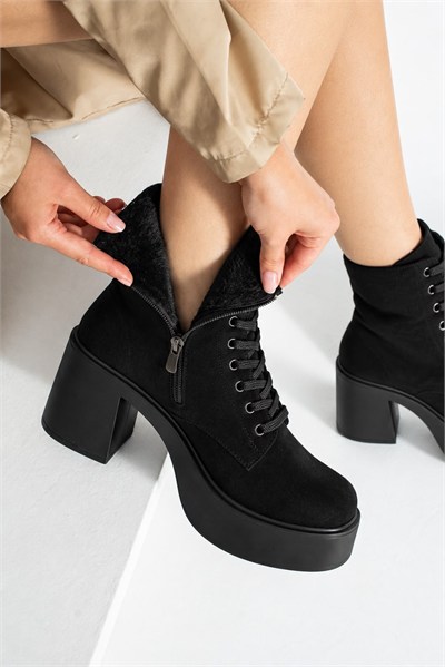 MELVIAN Kadın Siyah Lüks Süet Bağcıklı Fermuarlı İçi Kürklü 8 Cm Kalın Topuklu 3 Cm Platform Bot Bootie