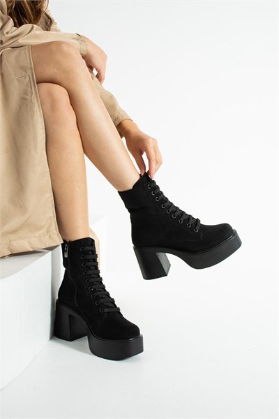 MELVIAN Kadın Siyah Lüks Süet Bağcıklı Fermuarlı İçi Kürklü 8 Cm Kalın Topuklu 3 Cm Platform Bot Bootie