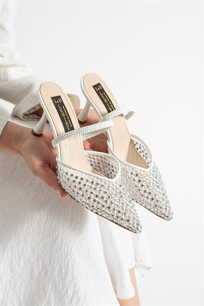 MINA Kadın Beyaz File Taşlı 7 cm Topuklu Slingback Sivri Burun Abiye Ayakkabı
