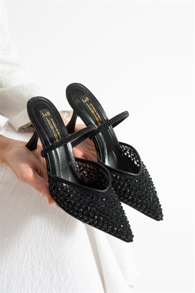 MINA Kadın Siyah File Taşlı 7 cm Topuklu Slingback Sivri Burun Abiye Ayakkabı