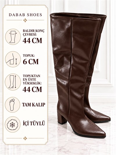 MIRESSA Kadın Acı Kahve Kırışık Yarı Rugan Cilt Sivri Burun Geniş Baldır 6 Cm Kalın Topuklu Uzun Çizme