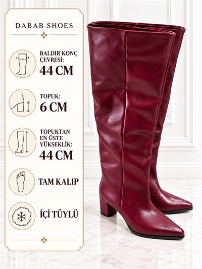 MIRESSA Kadın Bordo Kırışık Yarı Rugan Cilt Sivri Burun Geniş Baldır 6 Cm Kalın Topuklu Uzun Çizme