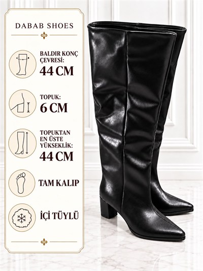 MIRESSA Kadın Siyah Kırışık Yarı Rugan Cilt Sivri Burun Geniş Baldır 6 Cm Kalın Topuklu Uzun Çizme