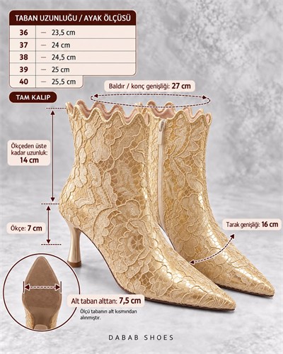 MONA Kadın Gold Dantel İşlemeli Sivri Burun Sıcak Astarlı Fermuarlı 7 Cm İnce Topuklu Bot Bootie