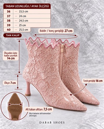 MONA Kadın Pudra Dantel İşlemeli Sivri Burun Sıcak Astarlı Fermuarlı 7 Cm İnce Topuklu Bot Bootie