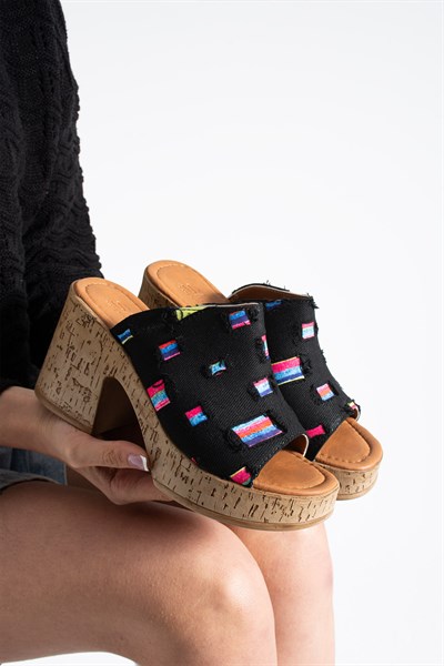 NALERA Kadın Siyah Platform Taban 9 cm Kalın Topuklu Denim Terlik Sandalet