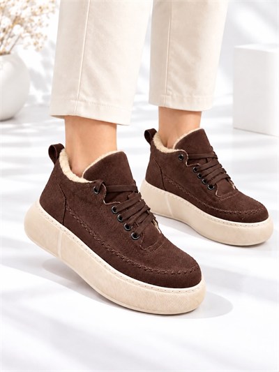 NOLEN Kadın Acı Kahve Bağcıklı Lüks Süet İçi Kürklü 4 Cm Kalın Taban Sneaker Spor Ayakkabı